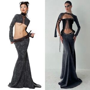 FANCI CLUB Studded Trim Low Waist Charcoal Grey Withering Betrayal Maxi Skirt S‎